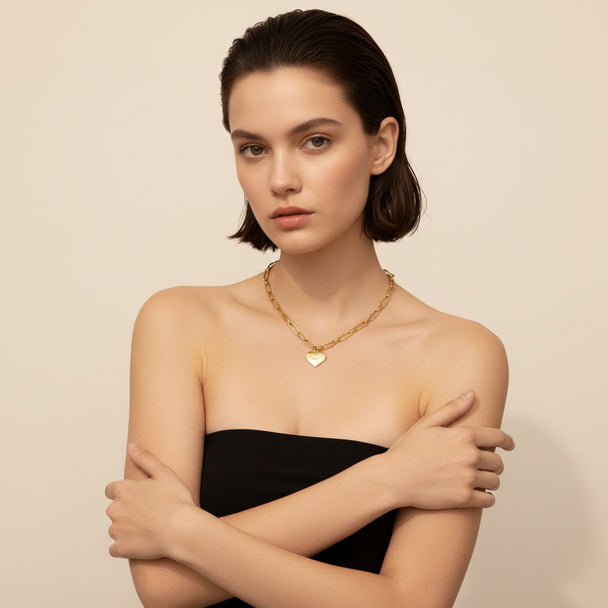 18K Gold Paper Clip Heart Necklace  - Textured Links –