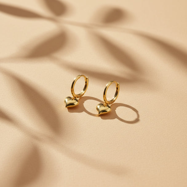 Heart Drop Hoop Earrings in 18K Gold