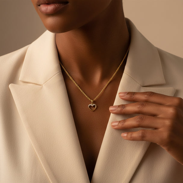 Zirconia Heart light & 18" Rope Chain Necklace Set in 18K Gold