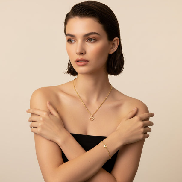 Zirconia Heart light & 18" Rope Chain Necklace Set in 18K Gold