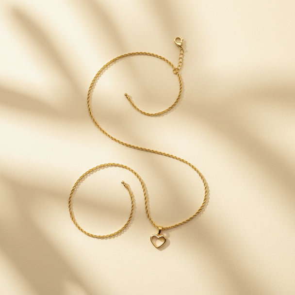 Zirconia Heart light & 18" Rope Chain Necklace Set in 18K Gold