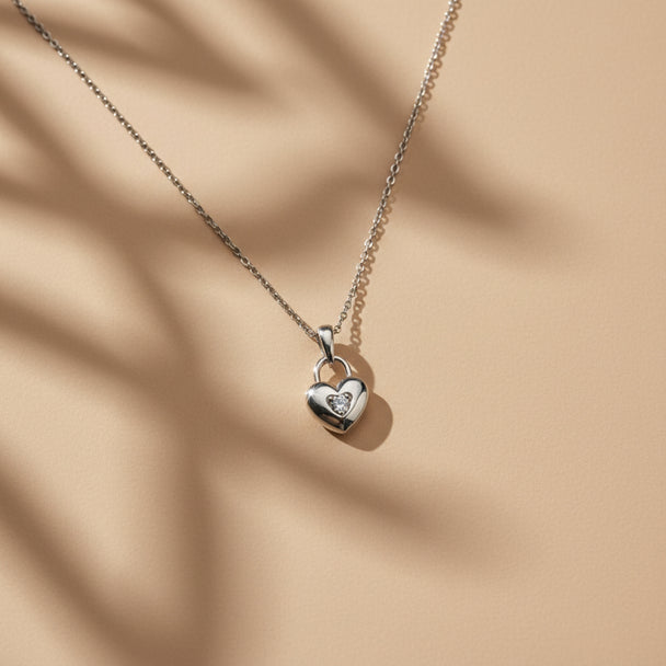 18K White Gold Heart Necklace with 3 Diamonds