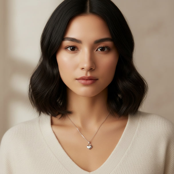 18K White Gold Heart Necklace with 3 Diamonds