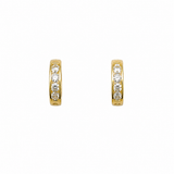 Pair of gold hoop earrings with embedded diamonds on a white background