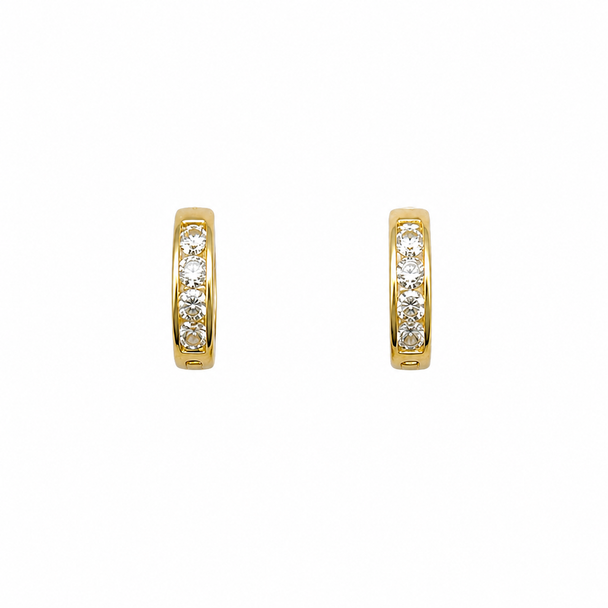 Pair of gold hoop earrings with embedded diamonds on a white background