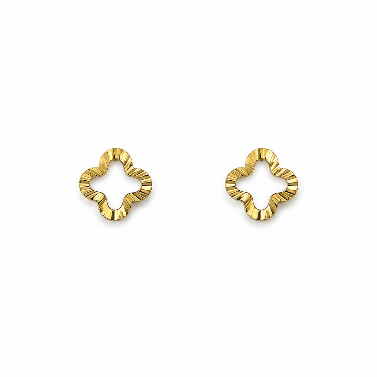 Gold flower-shaped stud earrings with wavy edges on a white background