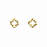 Gold flower-shaped stud earrings with wavy edges on a white background