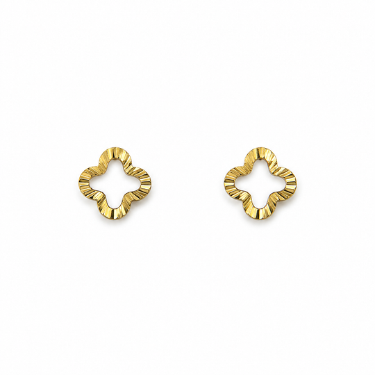 Gold flower-shaped stud earrings with wavy edges on a white background