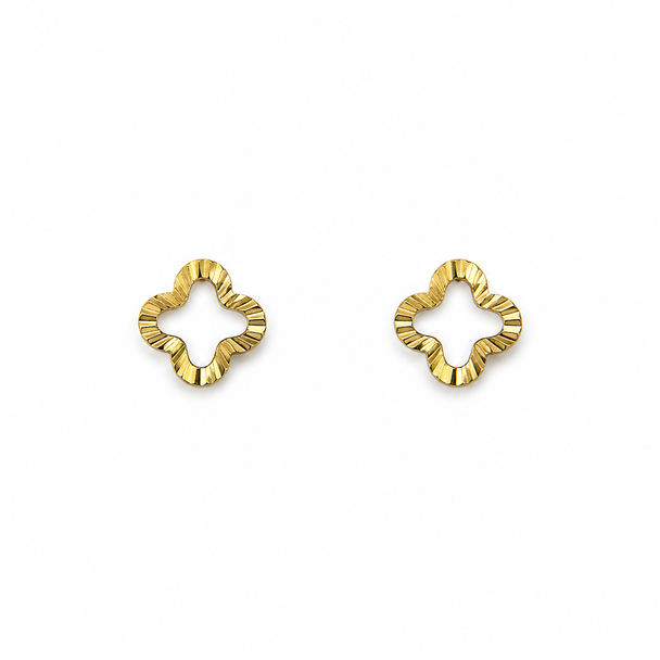 Gold flower-shaped stud earrings with wavy edges on a white background