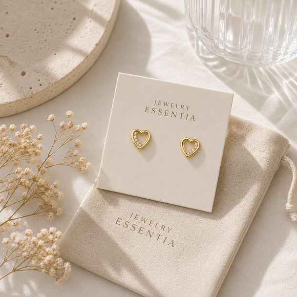 Gold heart-shaped earrings on a Jewelry Essentia card with a beige pouch and dried flowers in the background.