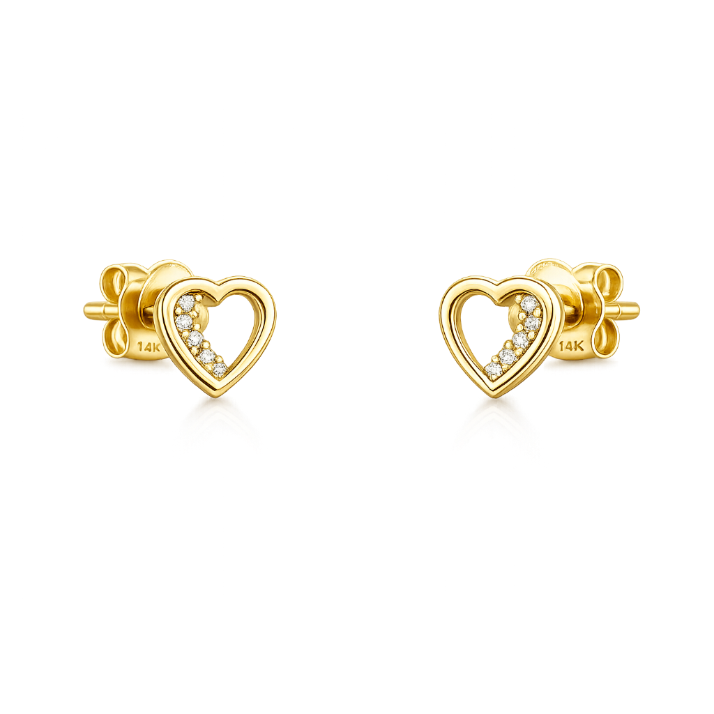 Gold heart-shaped stud earrings with pave stones on a transparent background