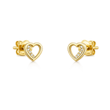 Gold heart-shaped stud earrings with pave stones on a transparent background