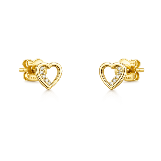 Gold heart-shaped stud earrings with pave stones on a transparent background