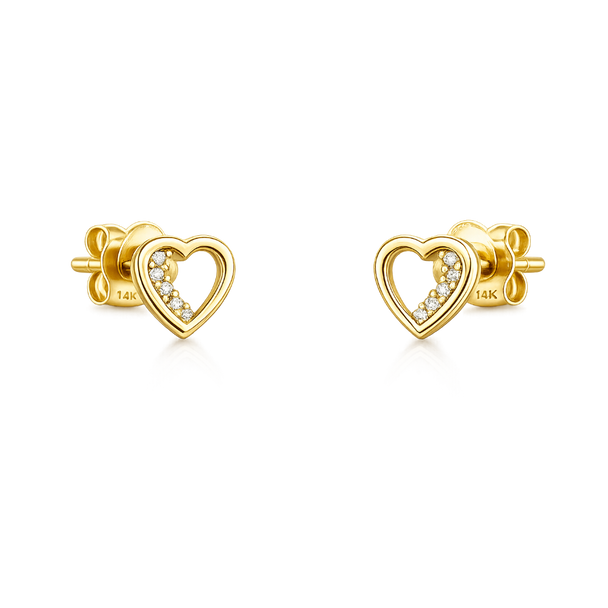 Gold heart-shaped stud earrings with pave stones on a transparent background