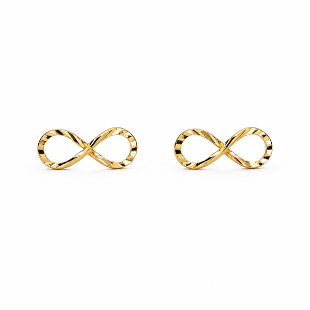 Gold infinity symbol earrings on a white background