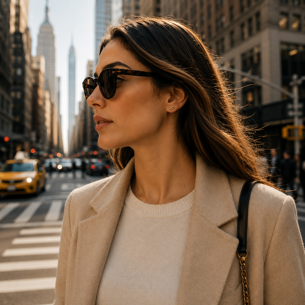 A woman wearing dark sunglasses, a beige blazer, and a cream sweater stands on a city street with buildings and traffic in the background.