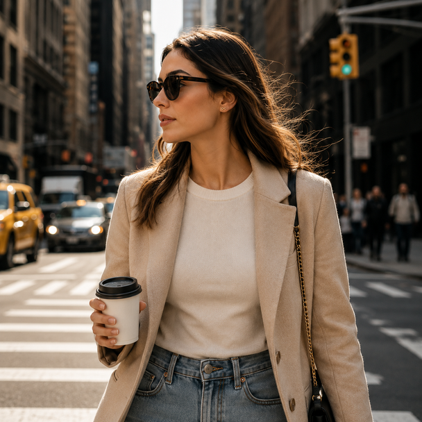 A woman wearing a beige blazer over a cream crewneck top and blue jeans stands on a city street holding a takeaway coffee cup. She is wearing dark sunglasses and has a black shoulder bag with a gold chain strap.