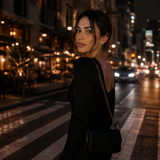 A woman in a black long-sleeve top stands on a city street at night, looking back over her shoulder. She is wearing a black shoulder bag with a gold chain strap.